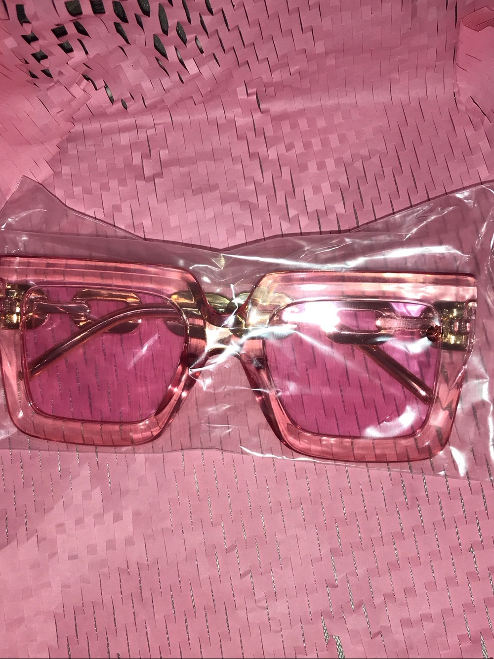 Pink Square Frame Sunglasses w/ gold chain detail - Fashion Women's Accessories